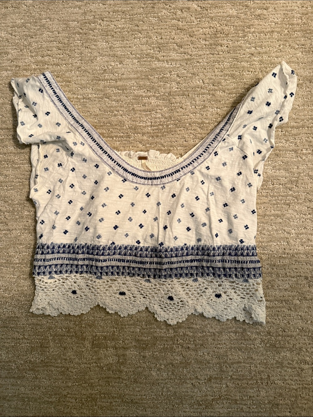 Free People White & Navy Cropped Embroidered Scoop Top